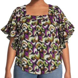 Terra & Sky Tropical Women’s Square Neck Short Sleeve Peasant Top Plus Size 1X